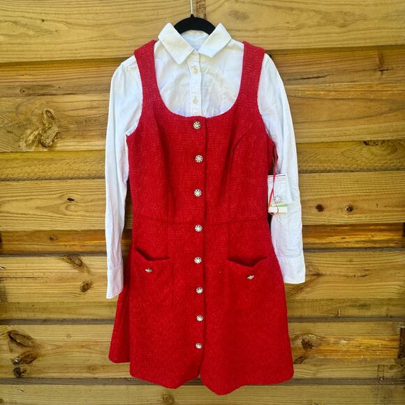 NWT Taylor Red Shimmer Tweed Holiday Dress Size 8 Gem Button Detail & Pockets - Picture 3 of 11